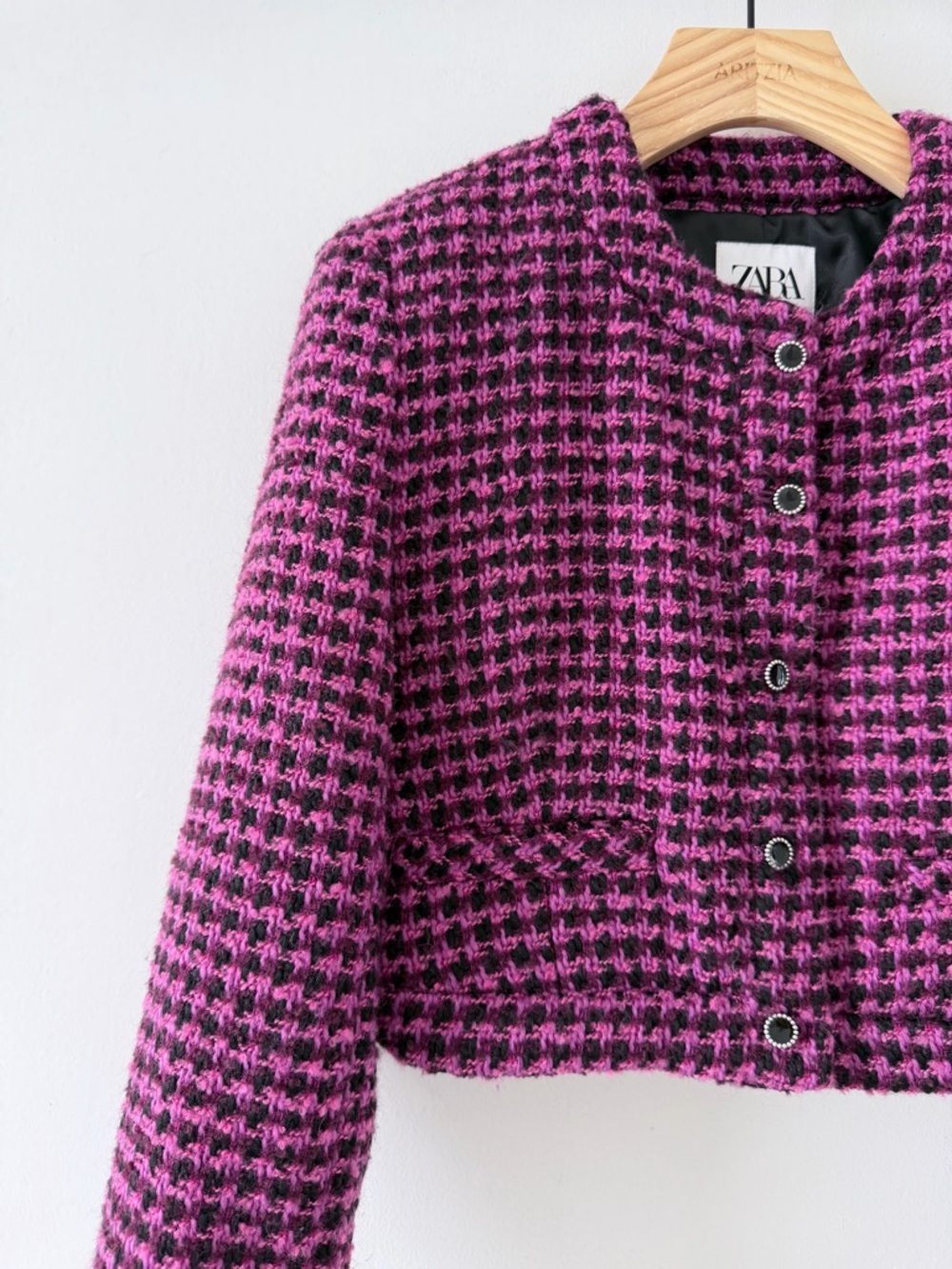 ZARA Tweed Cropped Jacket Pink Black Wool Blend Button Front Size M - Picture 5 of 16